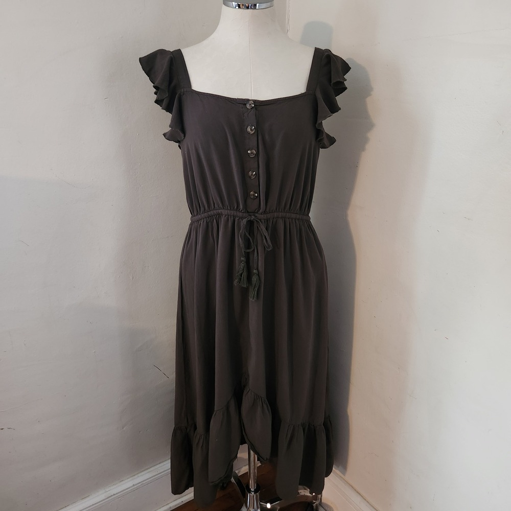 Indigo Rose Olive Green Ruffle Flutter Sleeve Button Front Midi Dress Large L